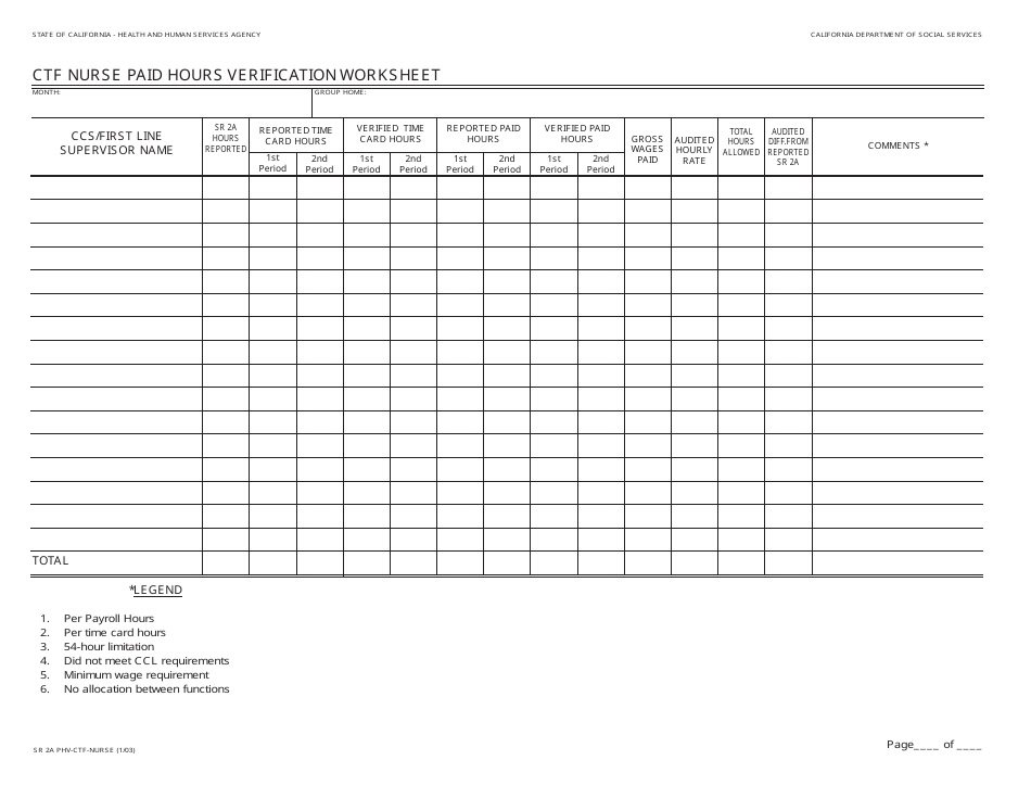 Form SR2A PHV-CTF-NURSE Ctf Nurse Paid Hours Verification Worksheet - California, Page 1