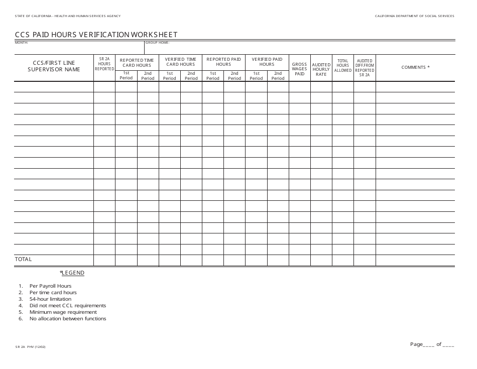 Form SR2A PHV Ccs Paid Hours Verification Worksheet - California, Page 1