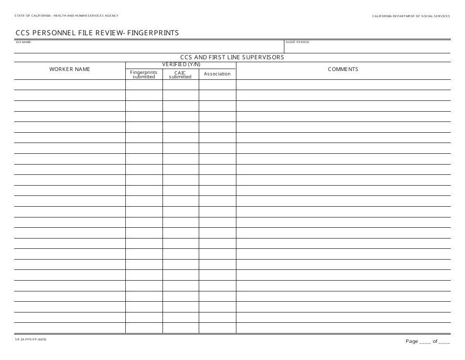 Form SR2A PFR-FP Ccs Personnel File Review - Fingerprints - California, Page 1