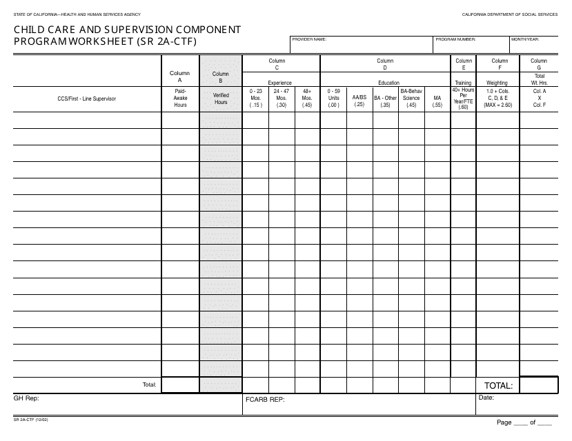 Form SR2A CTF Child Care and Supervision Component Program Worksheet - California