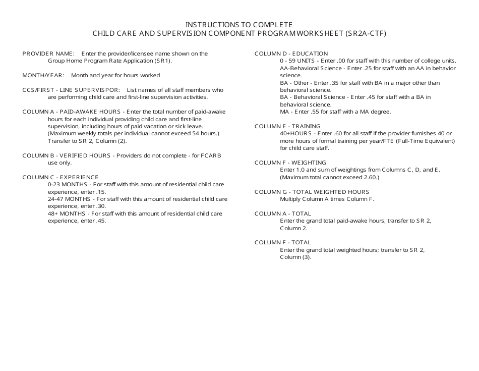 Form SR2A CTF Child Care and Supervision Component Program Worksheet - California, Page 2