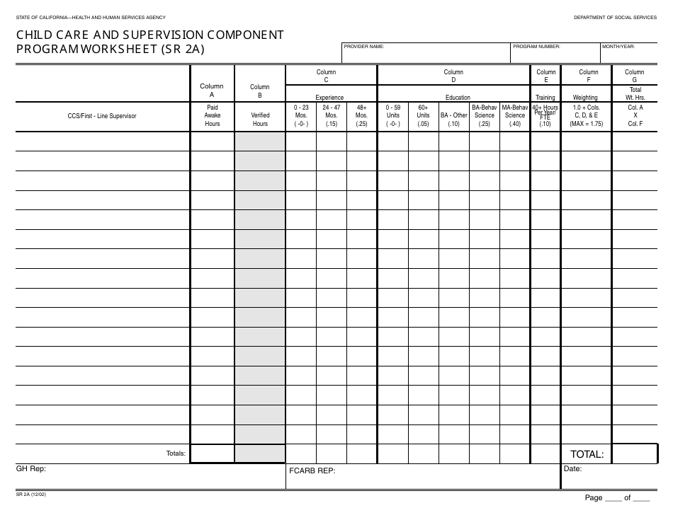 Form SR2A Child Care and Supervision Component Program Worksheet - California, Page 1