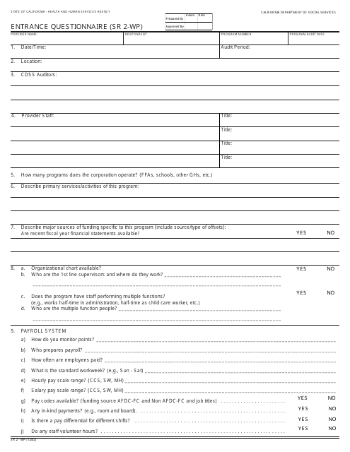 Form SR2-WP Entrance Questionnaire - California