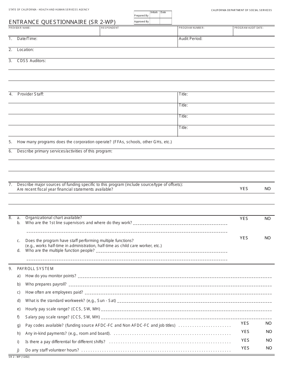 Form SR2-WP Entrance Questionnaire - California, Page 1