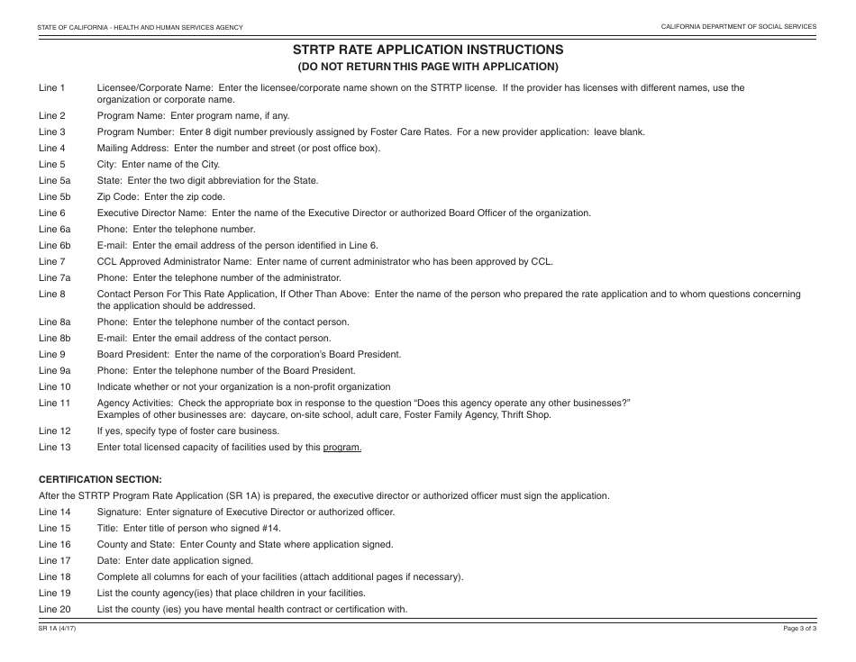 Form SR1a Short-Term Residential Therapeutic Program (Strtp) Rate Application (Sr 1a) - California, Page 3