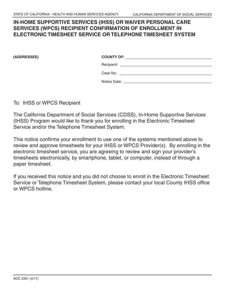 Form SOC2301 In-home Supportive Services (Ihss) or Waiver Personal Care Services (Wpcs) Recipient Confirmation of Enrollment in Electronic Timesheet Service or Telephone Timesheet System - California, Page 1