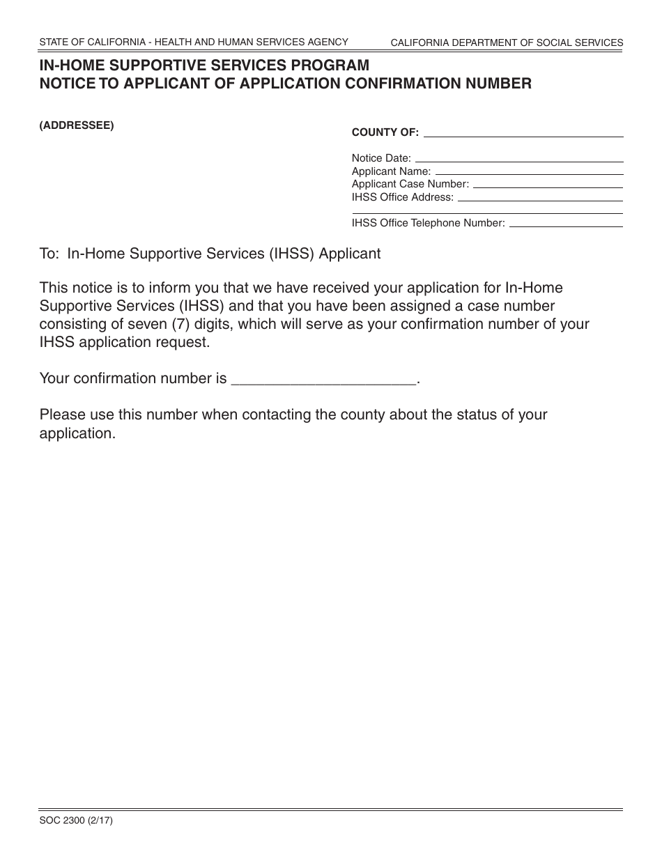 Form SOC2300 In-home Supportive Services Program Notice to Applicant of Application Confirmation Number - California, Page 1