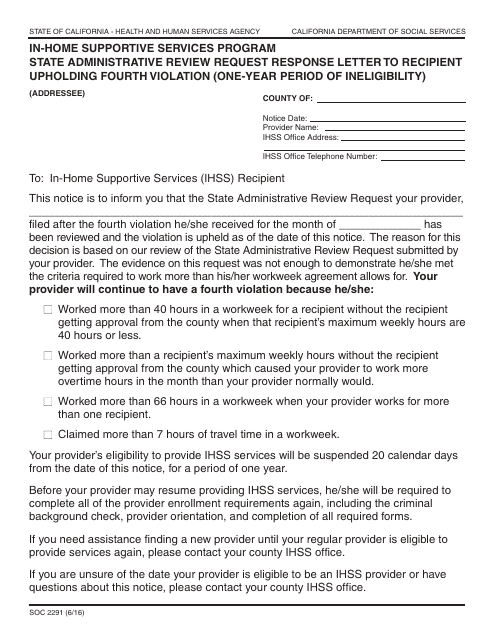 Form SOC2291  Printable Pdf