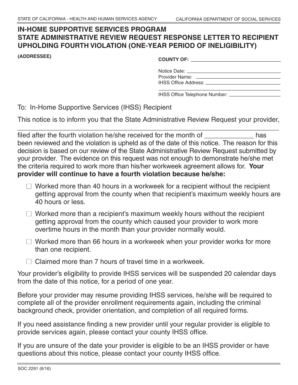 Form SOC2291 In-home Supportive Services Program State Administrative Review Request Response Letter to Recipient Upholding Fourth Violation (One-Year Period of Ineligibility) - California, Page 1