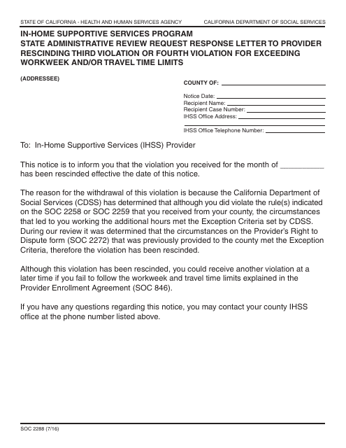 Form SOC2288 In-home Supportive Services Program State Administrative Review Request Response Letter to Provider Rescinding Third Violation or Fourth Violation for Exceeding Workweek and/or Travel Time Limits - California