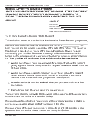 Document preview: Form SOC2287 In-home Supportive Services Program State Administrative Review Request Response Letter to Recipient Upholding Provider's Third Violation (90-day Suspension of Eligibility) for Exceeding Workweek and/or Travel Time Limits - California