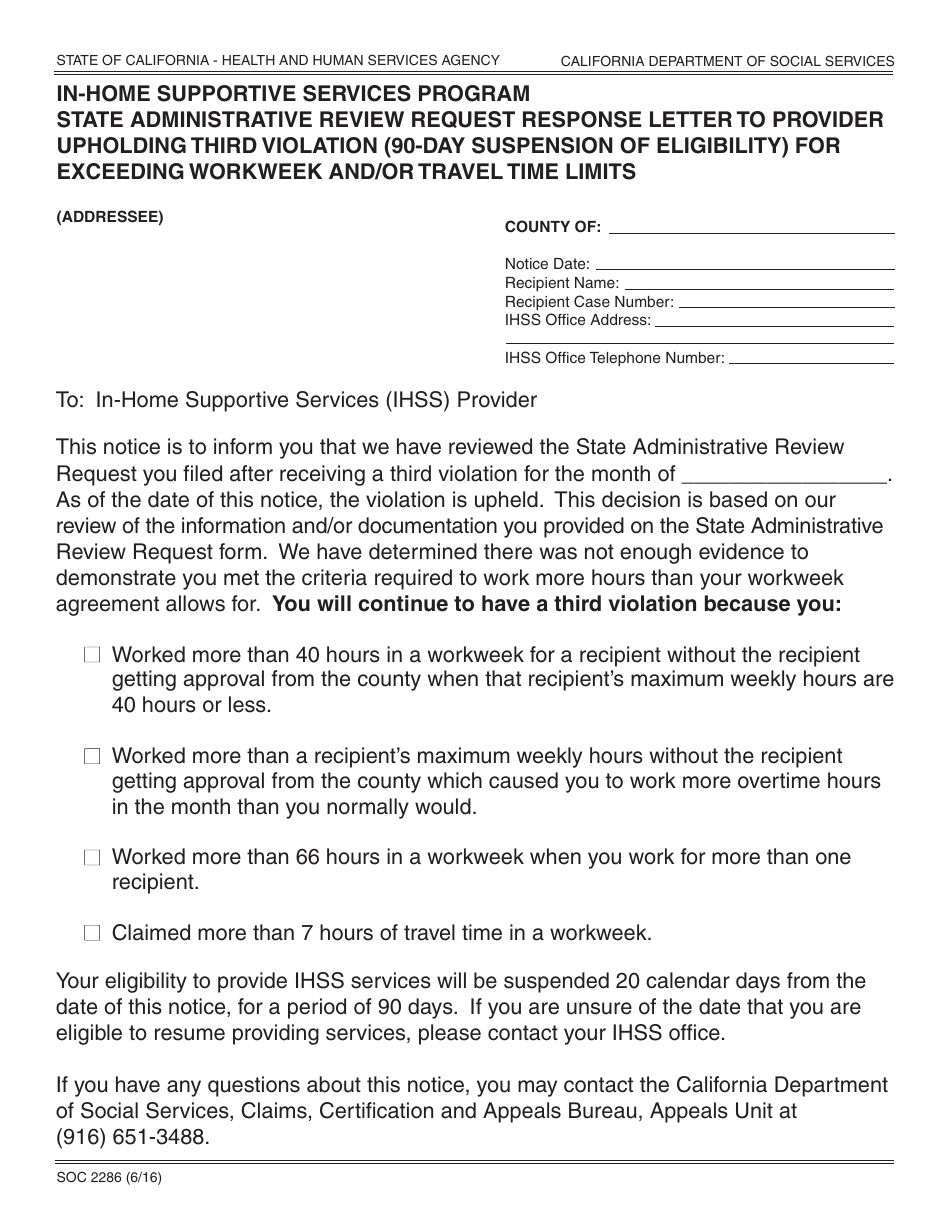 Form SOC2286 Fill Out, Sign Online and Download Fillable PDF