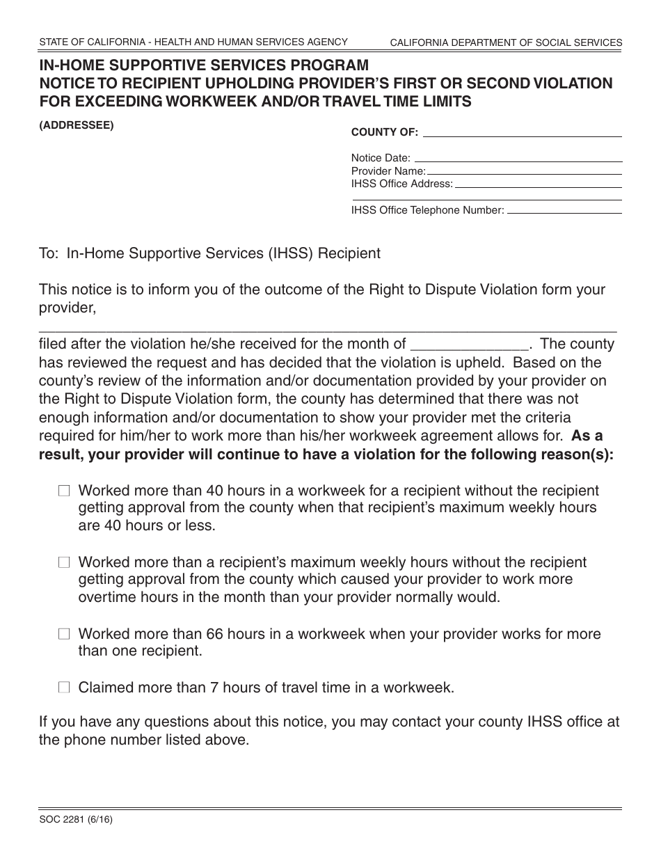Form SOC2281 In-home Supportive Services Program Notice to Recipient Upholding Provider's First or Second Violation for Exceeding Workweek and/or Travel Time Limits - California, Page 1