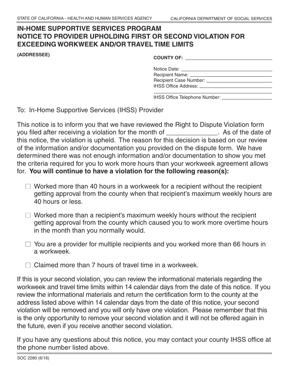 Form SOC2280 In-home Supportive Services Program Notice to Provider Upholding First or Second Violation for Exceeding Workweek and/or Travel Time Limits - California, Page 1