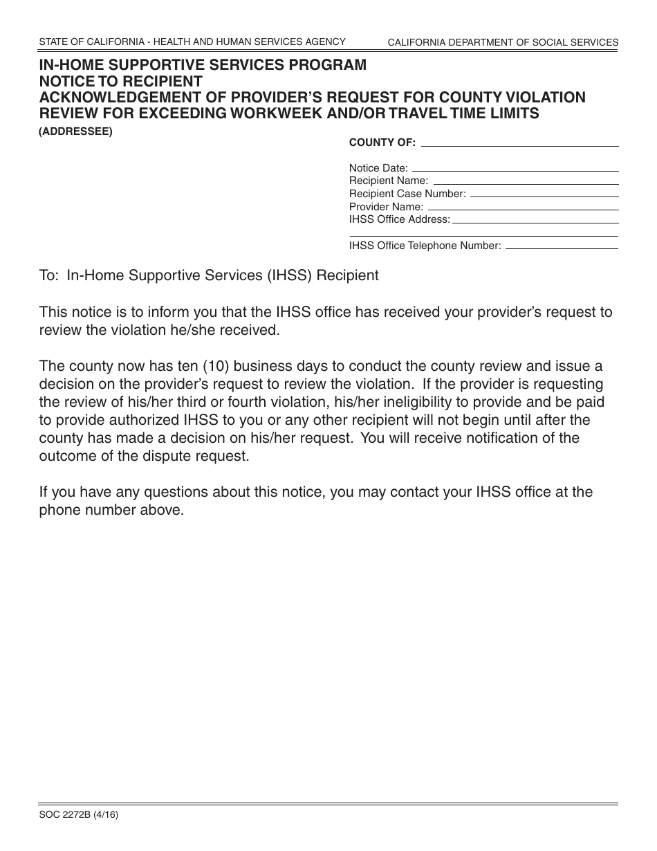 Form SOC2272B In-home Supportive Services Program Notice to Recipient Acknowledgement of Provider's Request for County Violation Review for Exceeding Workweek and/or Travel Time Limits - California, Page 1