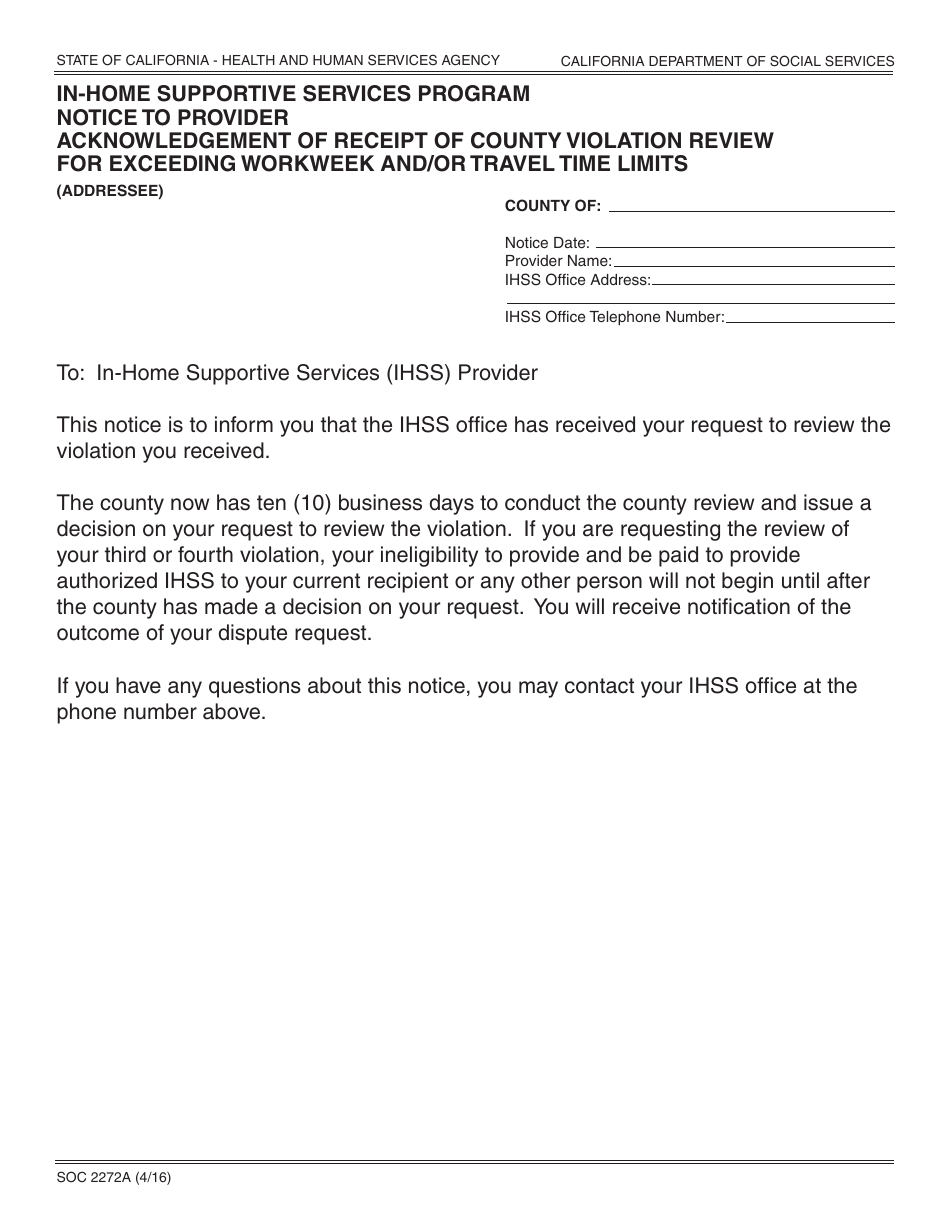 Form SOC2272A In-home Supportive Services Program Notice to Provider Acknowledgement of Receipt of County Violation Review - California, Page 1