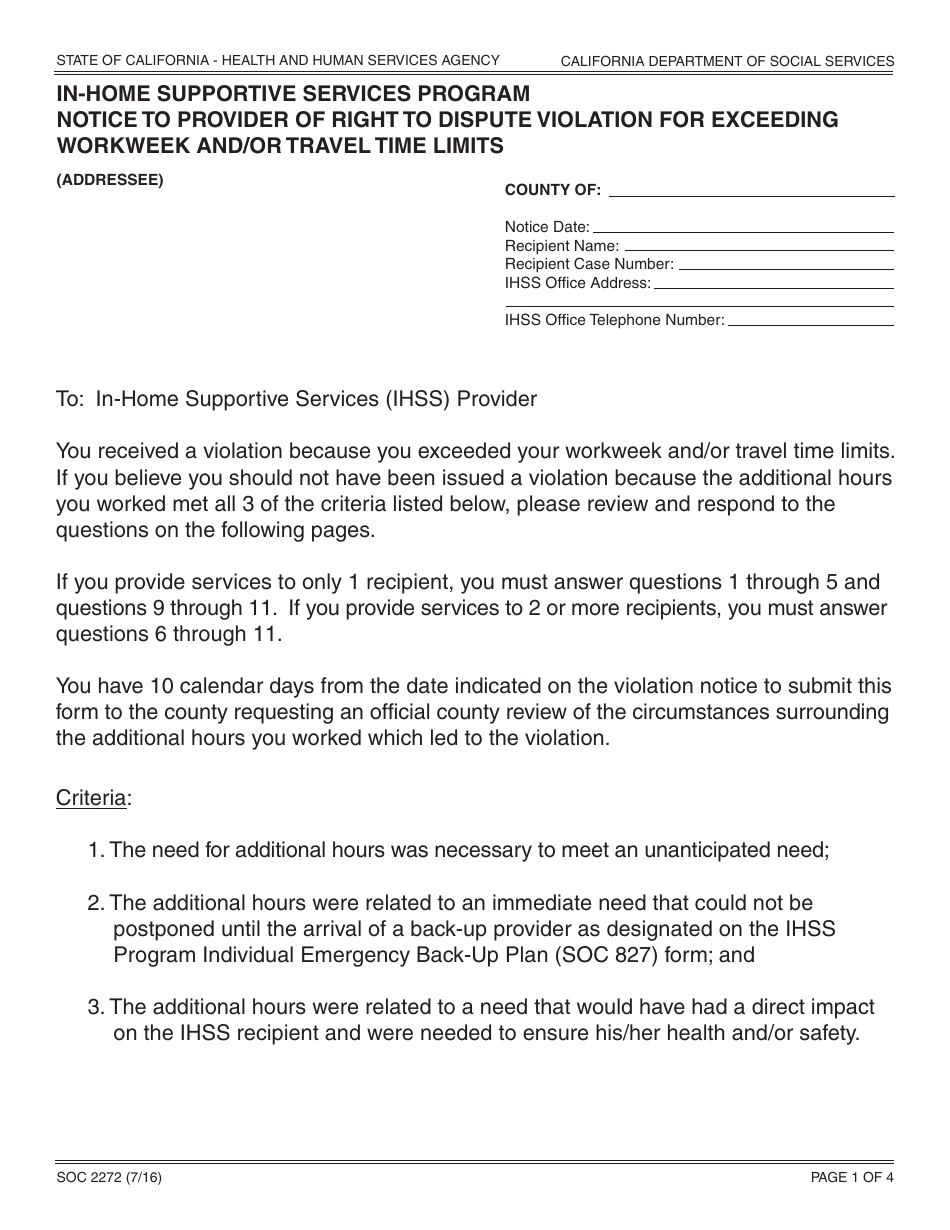 Form SOC2272 In-home Supportive Services Program Notice to Provider of Right to Dispute Violation for Exceeding Workweek and / or Travel Time Limits - California, Page 1