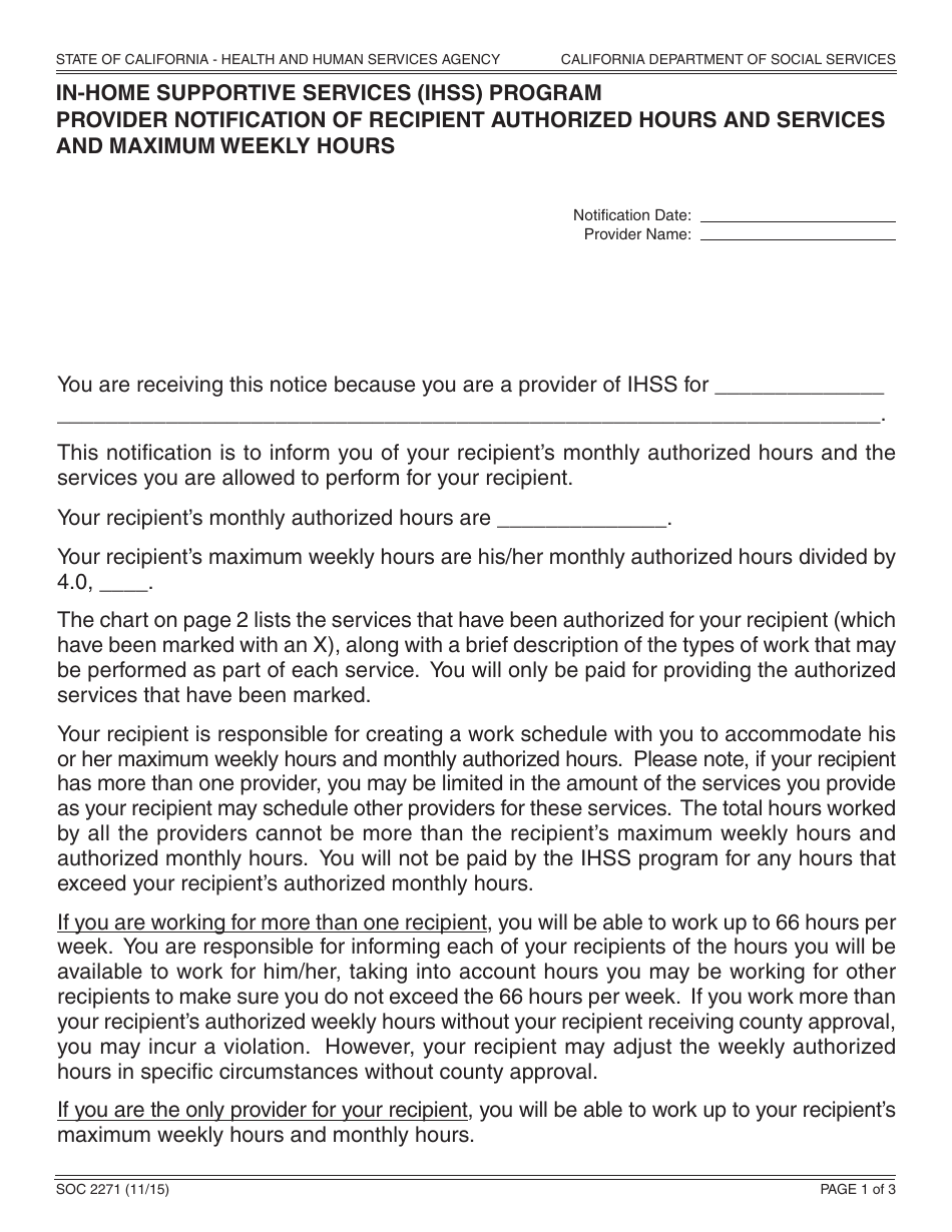 Form SOC2271 In-home Supportive Services (Ihss) Program Provider Notification of Recipient Authorized Hours and Services and Maximum Weekly Hours - California, Page 1