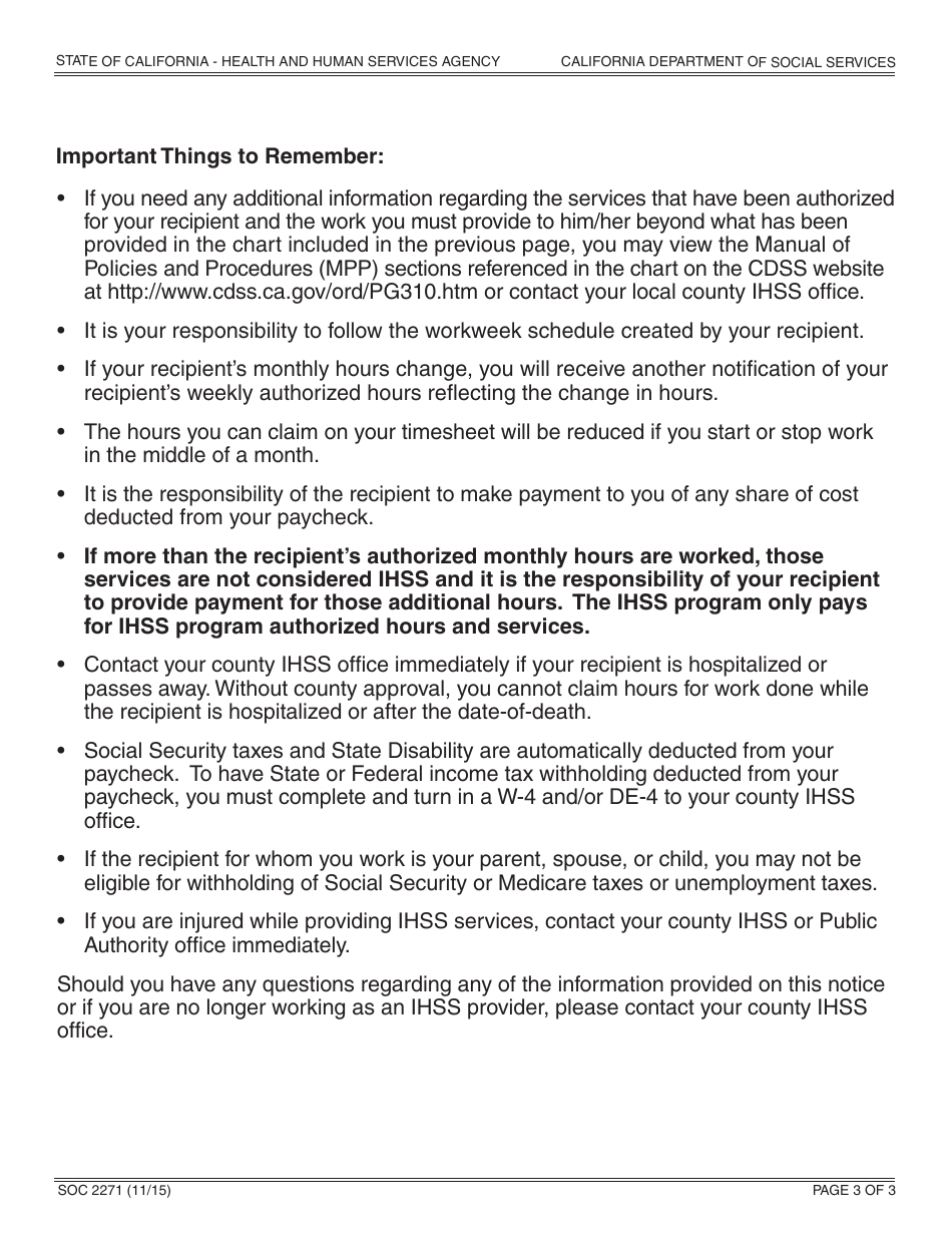 Form SOC2271 In-home Supportive Services (Ihss) Program Provider Notification of Recipient Authorized Hours and Services and Maximum Weekly Hours - California, Page 3