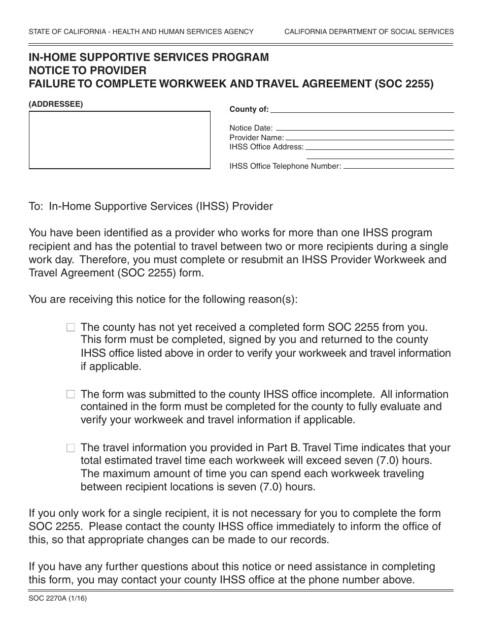 Form SOC2270A In-home Supportive Services Program Notice to Provider Failure to Complete Workweek and Travel Agreement (Soc 2255) - California, Page 1