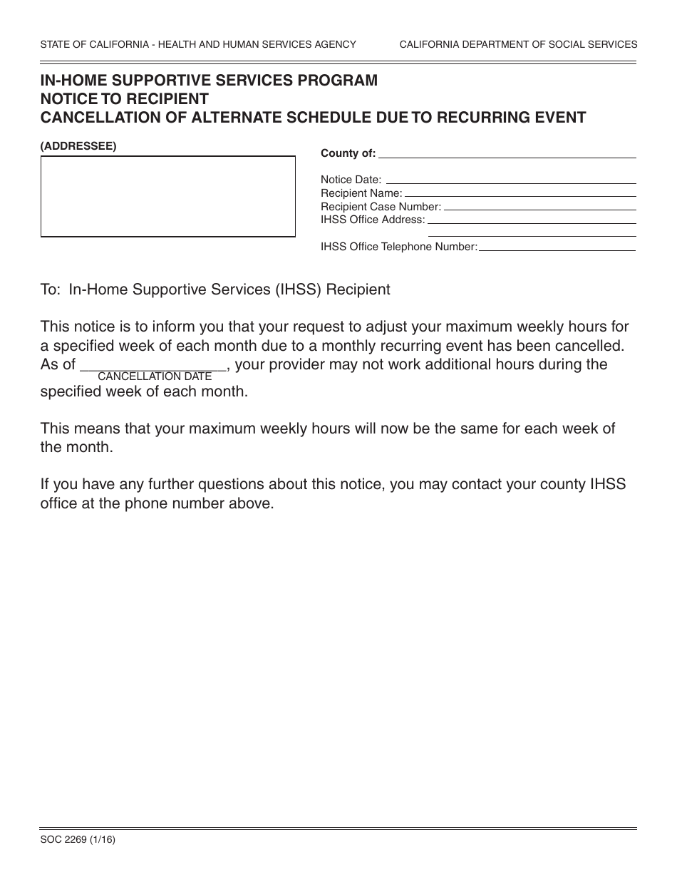 Form SOC2269 In-home Supportive Services Program Notice to Recipient Cancellation of Alternate Schedule Due to Recurring Event - California, Page 1