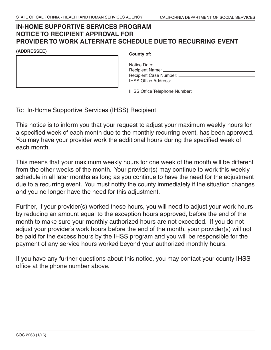 Form SOC2268 In-home Supportive Services Program Notice to Recipient Approval for Provider to Work Alternate Schedule Due to Recurring Event - California, Page 1
