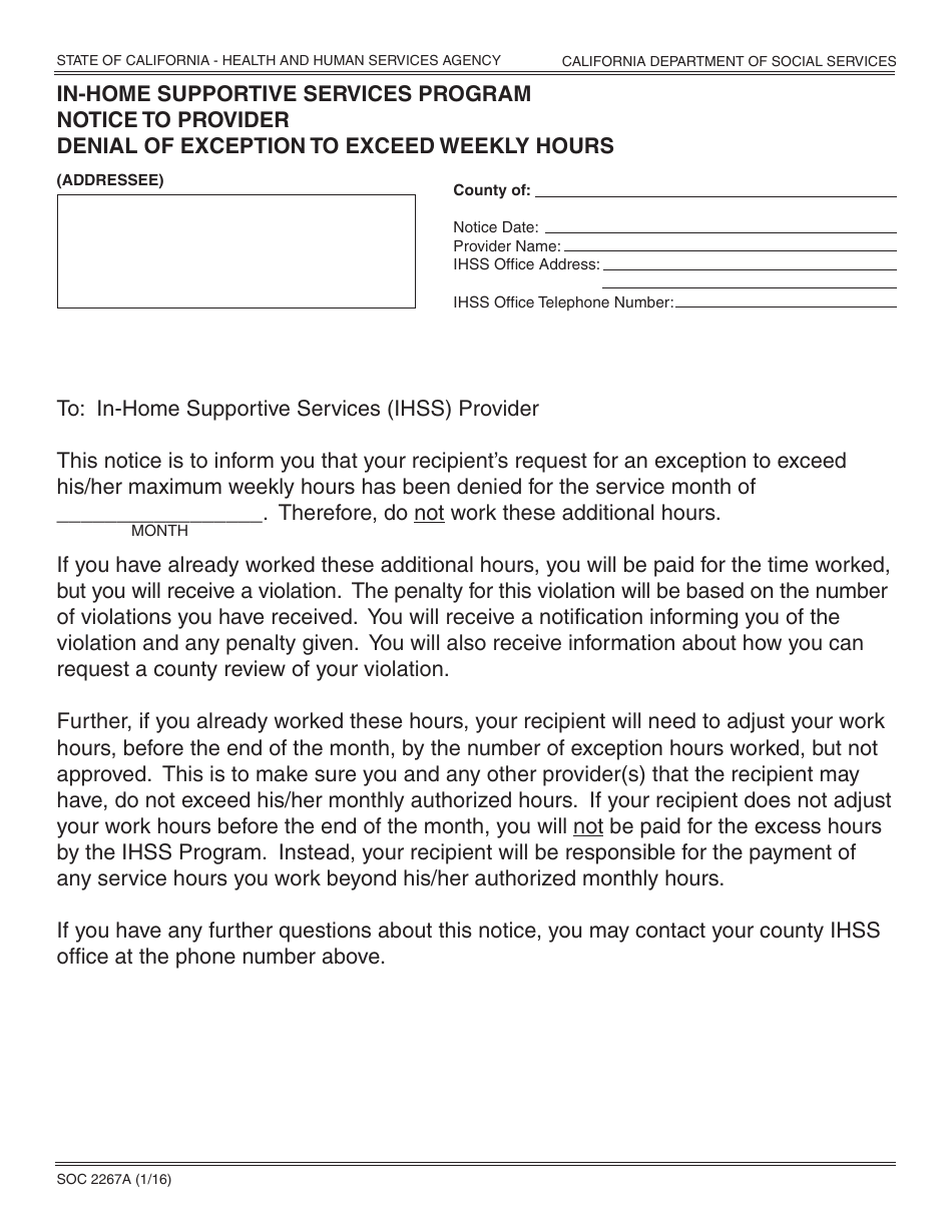 Form SOC2267A In-home Supportive Services Program Notice to Provider Denial of Exception to Exceed Weekly Hours - California, Page 1
