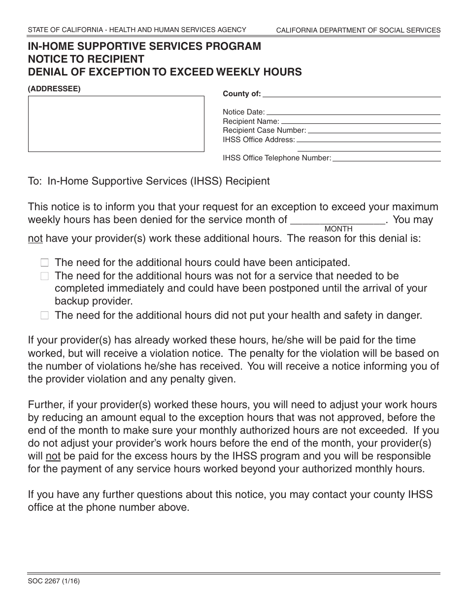 Form SOC2267 In-home Supportive Services Program Notice to Recipient Denial of Exception to Exceed Weekly Hours - California, Page 1