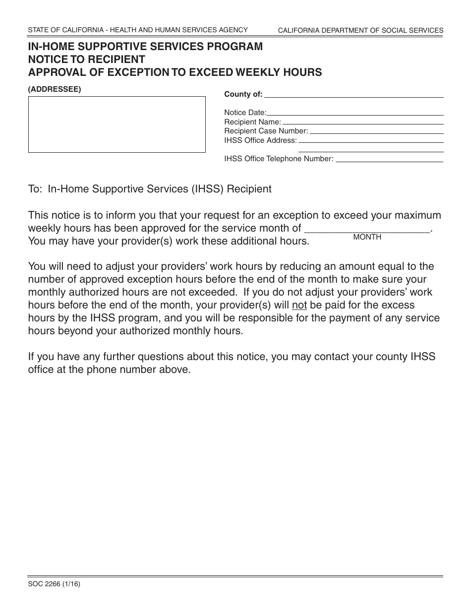 Form SOC2266 In-home Supportive Services Program Notice to Recipient Approval of Exception to Exceed Weekly Hours - California, Page 1