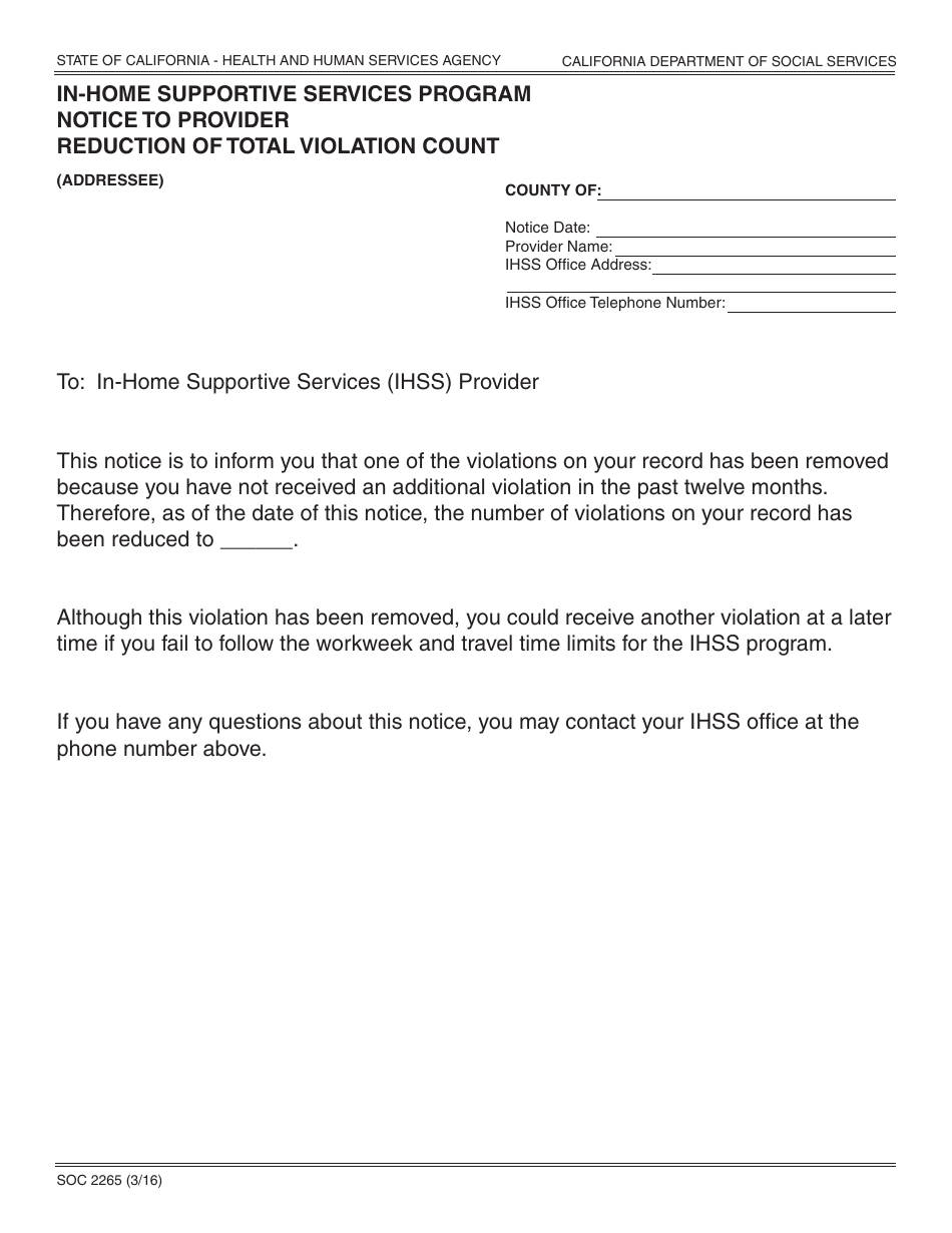 Form SOC2265 In-home Supportive Services Program Notice to Provider Reduction of Total Violation Count - California, Page 1