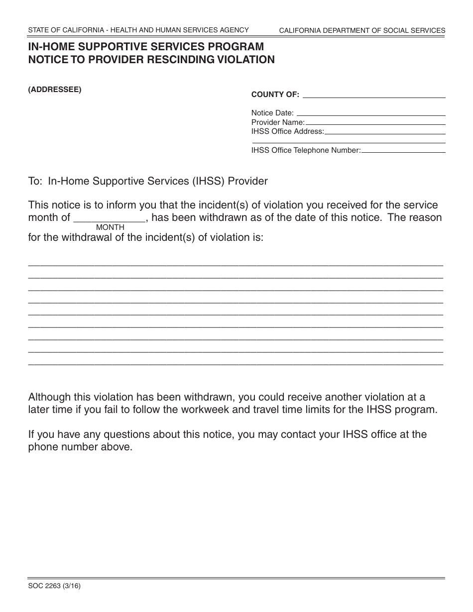 Form SOC2263 In-home Supportive Services Program Notice to Provider Rescinding Violation - California, Page 1