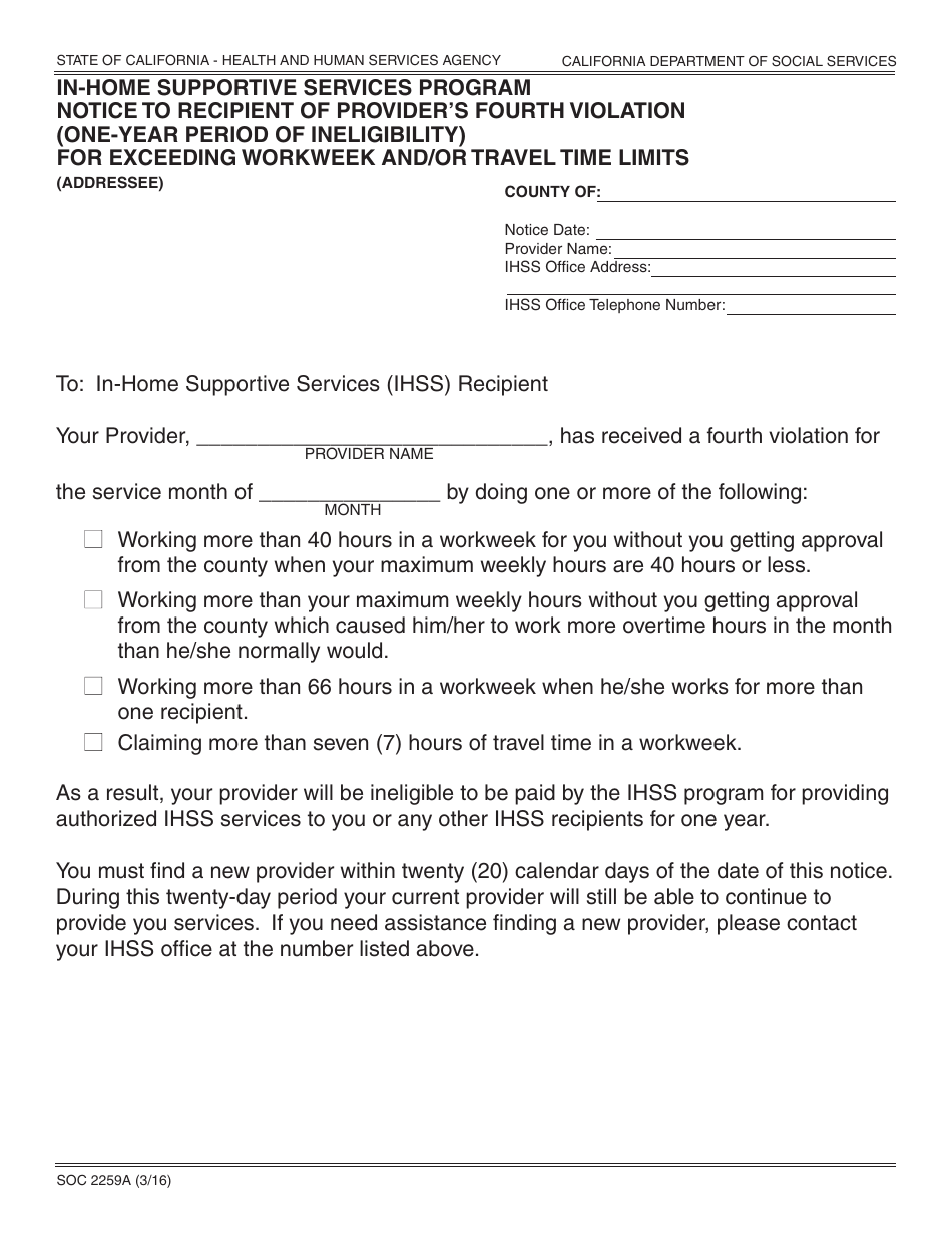 Form SOC2259A In-home Supportive Services Program Notice to Recipient of Provider's Fourth Violation (One-Year Period of Ineligibility) for Exceeding Workweek and/or Travel Time Limits - California, Page 1