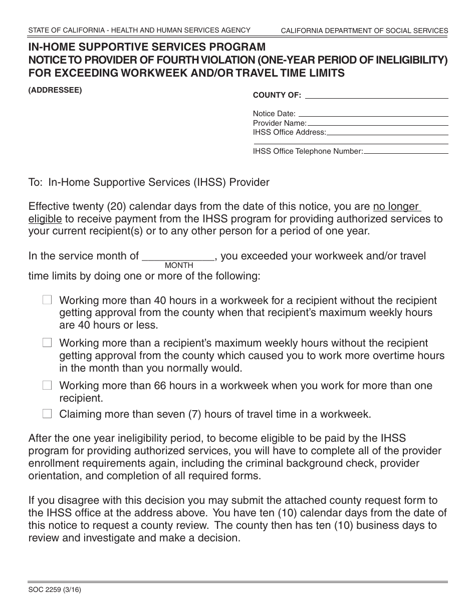 Form SOC2259 In-home Supportive Services Program Notice to Provider of Fourth Violation (One-Year Period of Ineligibility) for Exceeding Workweek and / or Travel Time Limits - California, Page 1