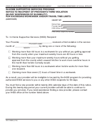 Document preview: Form SOC2258A In-home Supportive Services Program Notice to Recipient of Provider's Third Violation (90-day Suspension of Eligibility) for Exceeding Workweek and/or Travel Time Limits - California