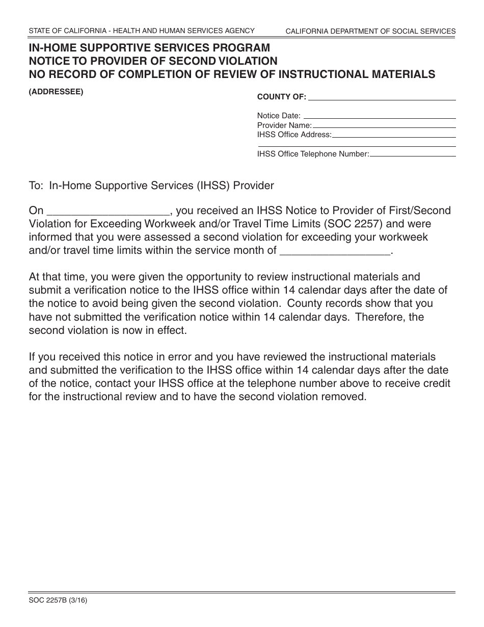 Instructions for Form SOC2257B In-home Supportive Services Program Notice to Provider of Second Violation No Record of Completion of Review of Instructional Materials - California, Page 1