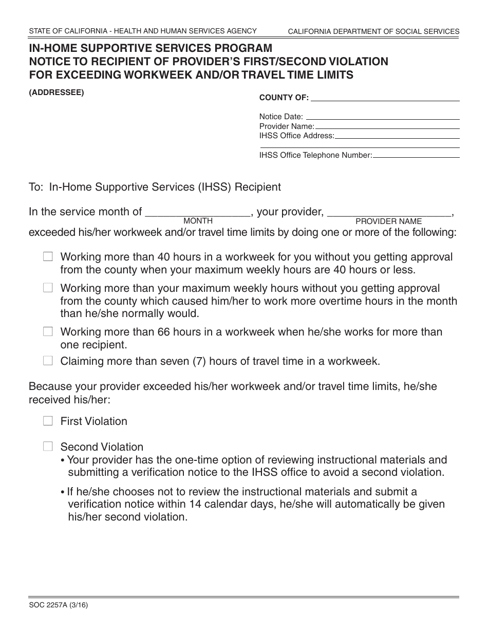 Form SOC2257A In-home Supportive Services Program Notice to Recipient of Providers First / Second Violation for Exceeding Workweek and / or Travel Time Limits - California, Page 1