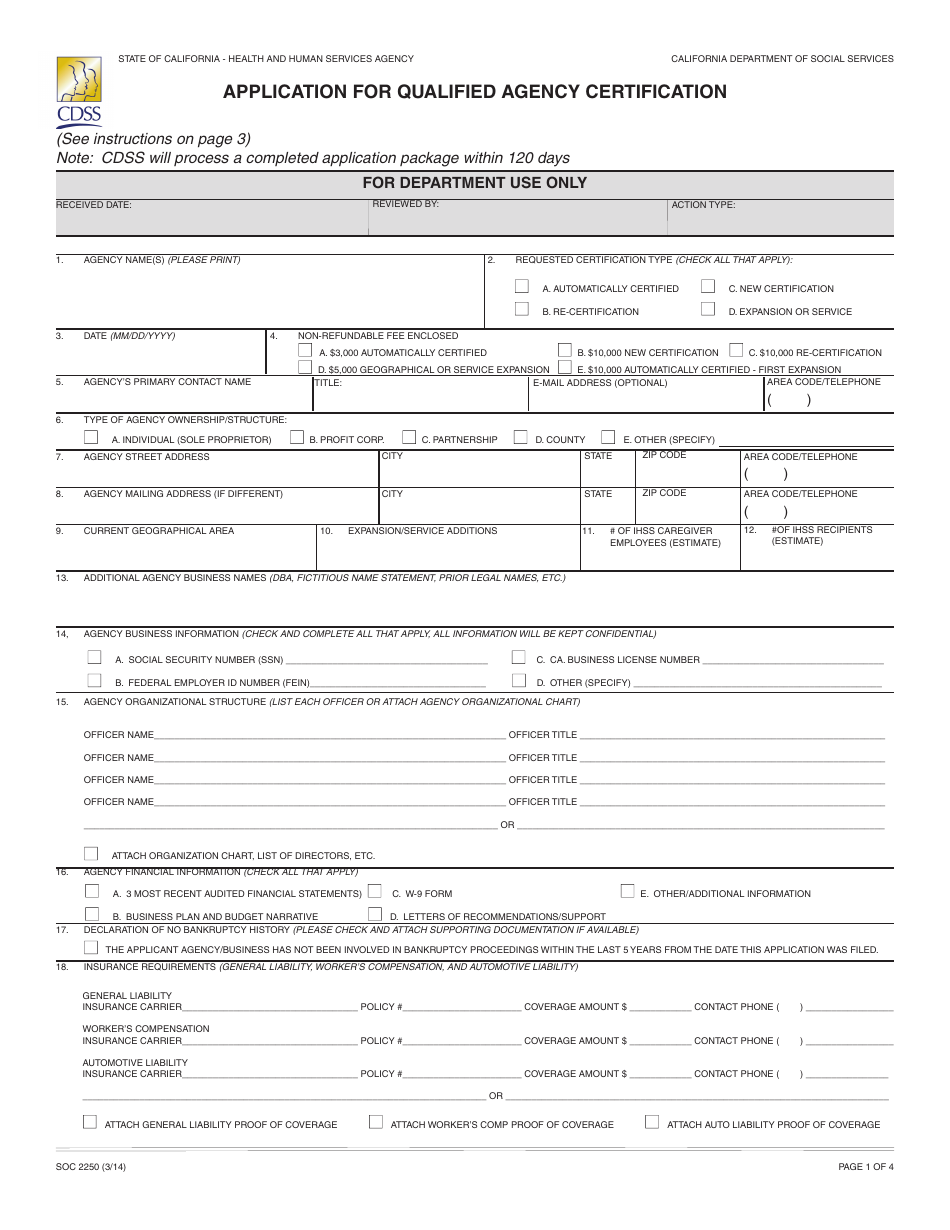 Form SOC2250 Application for Qualified Agency Certification - California, Page 1