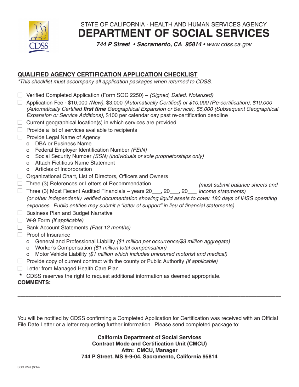 Form SOC2249 Qualified Agency Certification Application Checklist - California, Page 1
