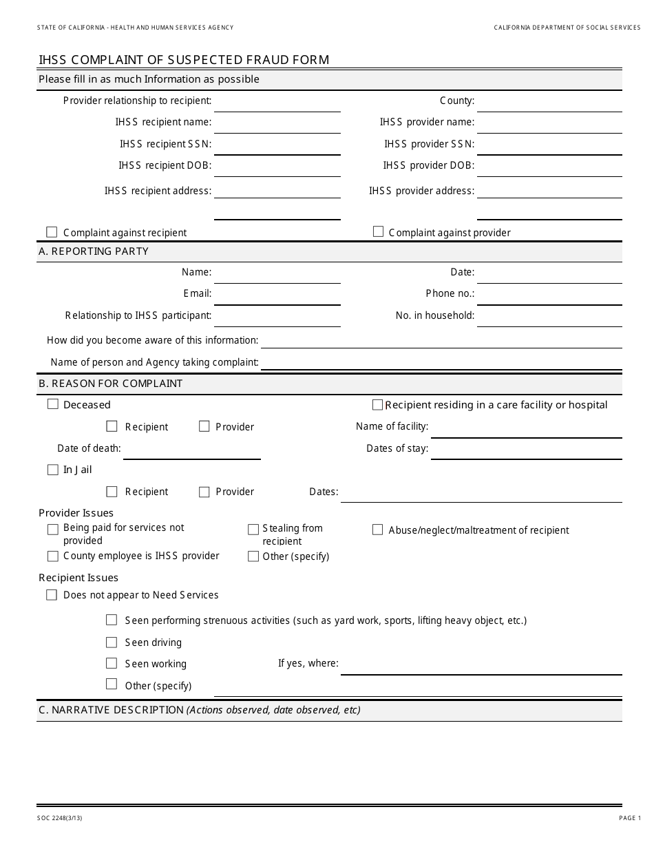 Form SOC2248 Ihss Complaint of Suspected Fraud Form - California, Page 1