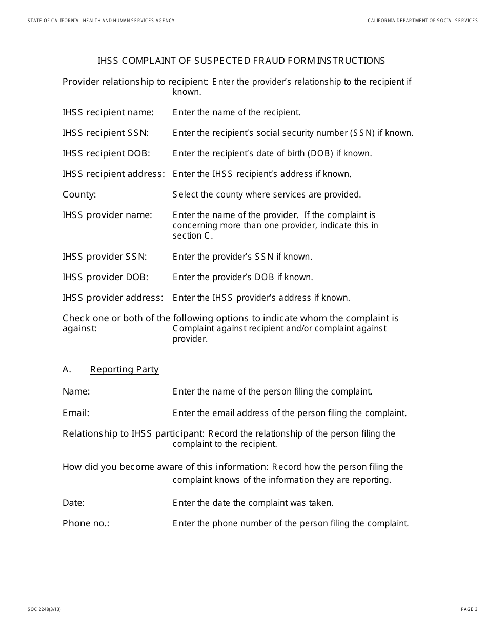 Form SOC2248 Ihss Complaint of Suspected Fraud Form - California, Page 3