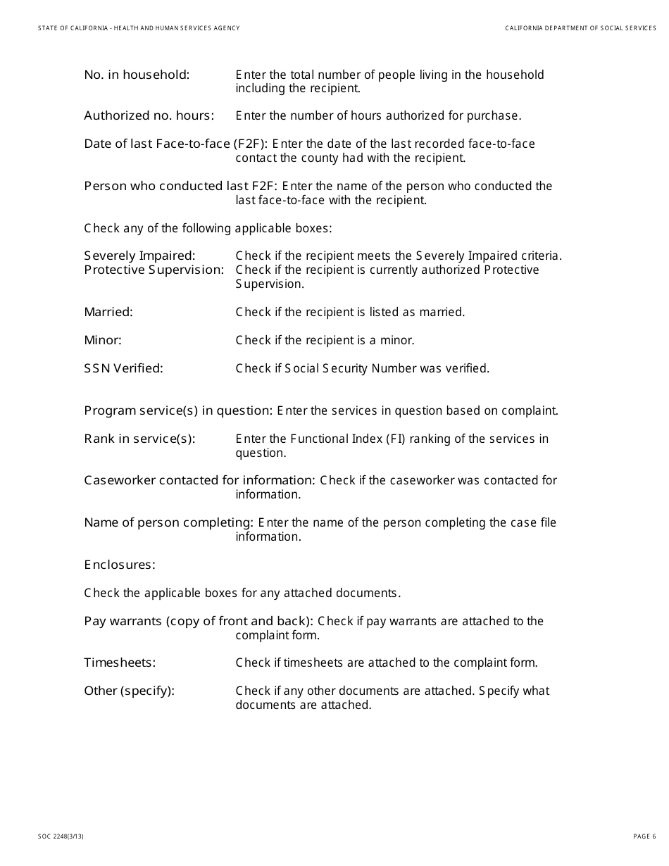 Form SOC2248 Ihss Complaint of Suspected Fraud Form - California, Page 6
