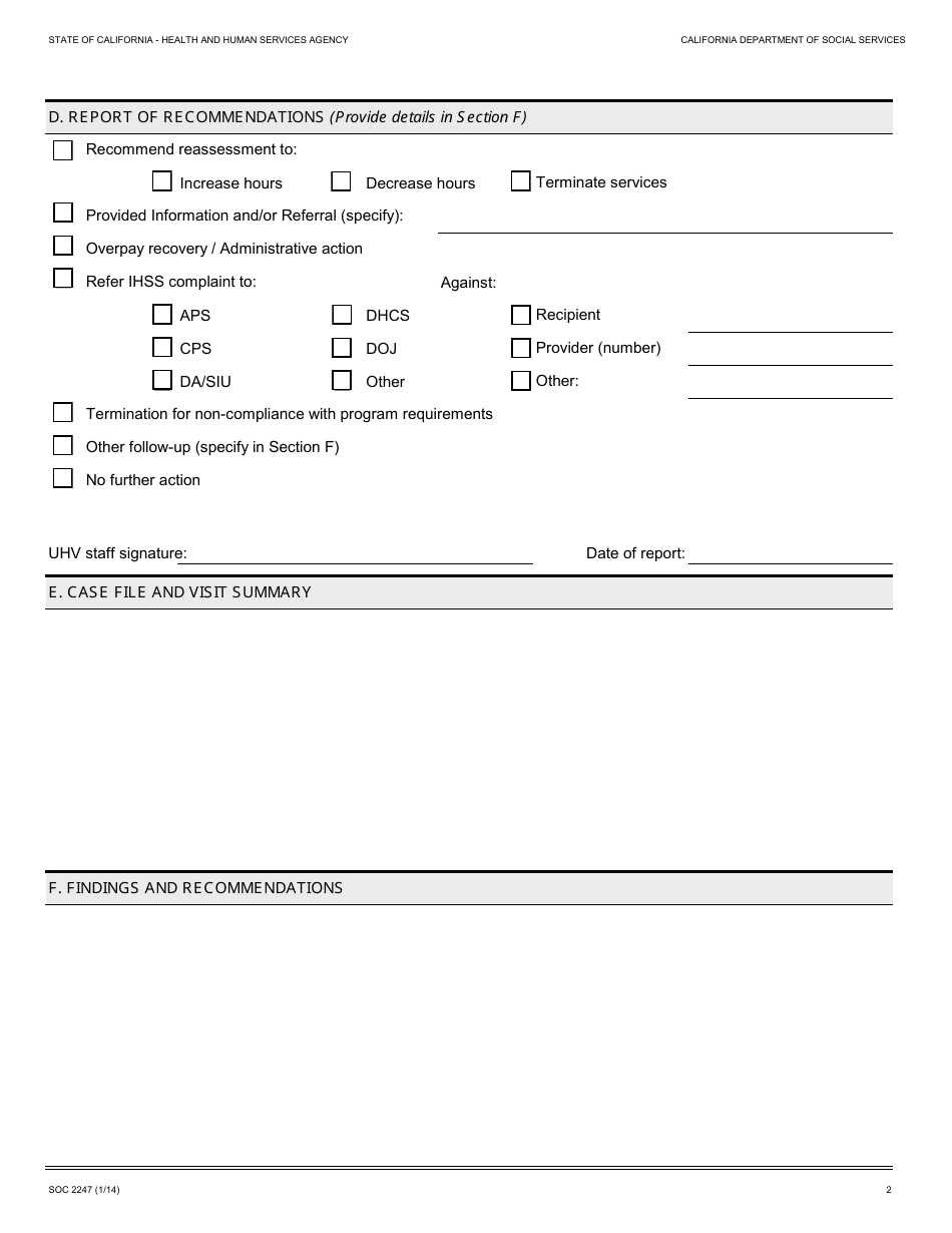 Form SOC2247 Ihss Uhv Findings Report - California, Page 2