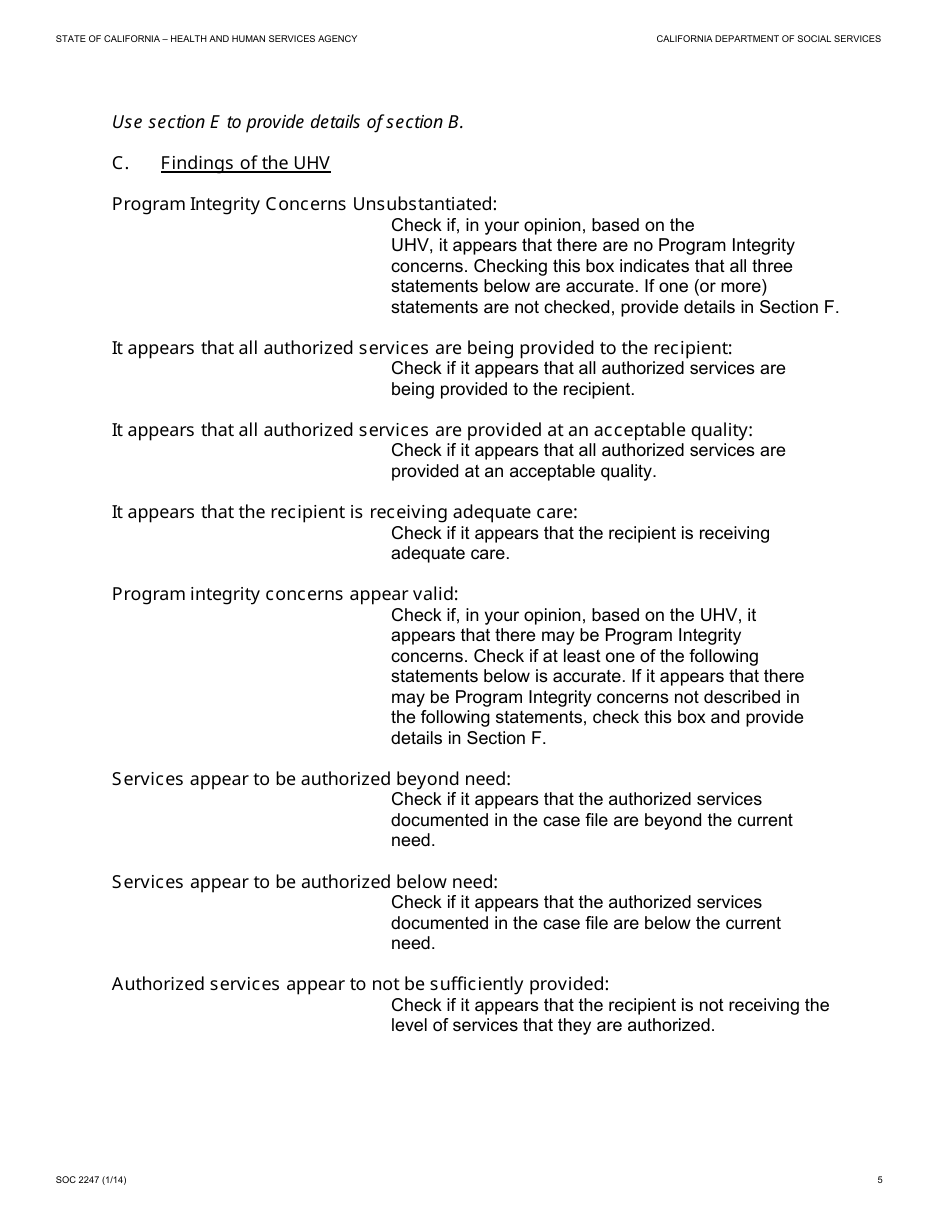 Form SOC2247 Ihss Uhv Findings Report - California, Page 5