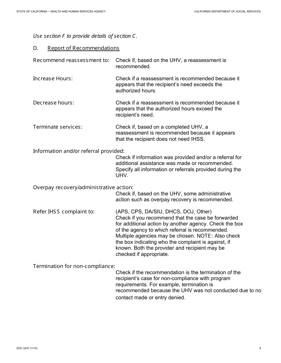 Form SOC2247 Ihss Uhv Findings Report - California, Page 6
