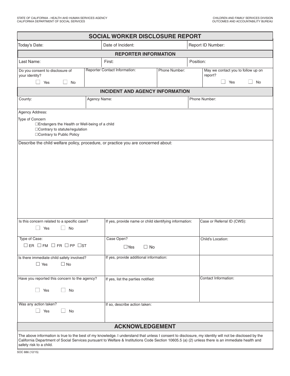 Form SOC886 Social Worker Disclosure Report - California, Page 1