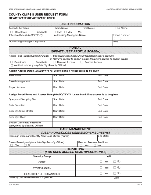 Form SOC883 County Cmips II User Request Form Deactivate/Reactivate User - California