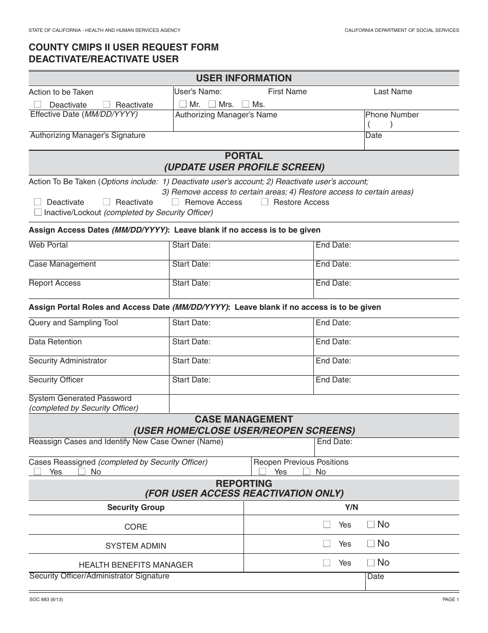 Form SOC883 County Cmips II User Request Form Deactivate / Reactivate User - California, Page 1