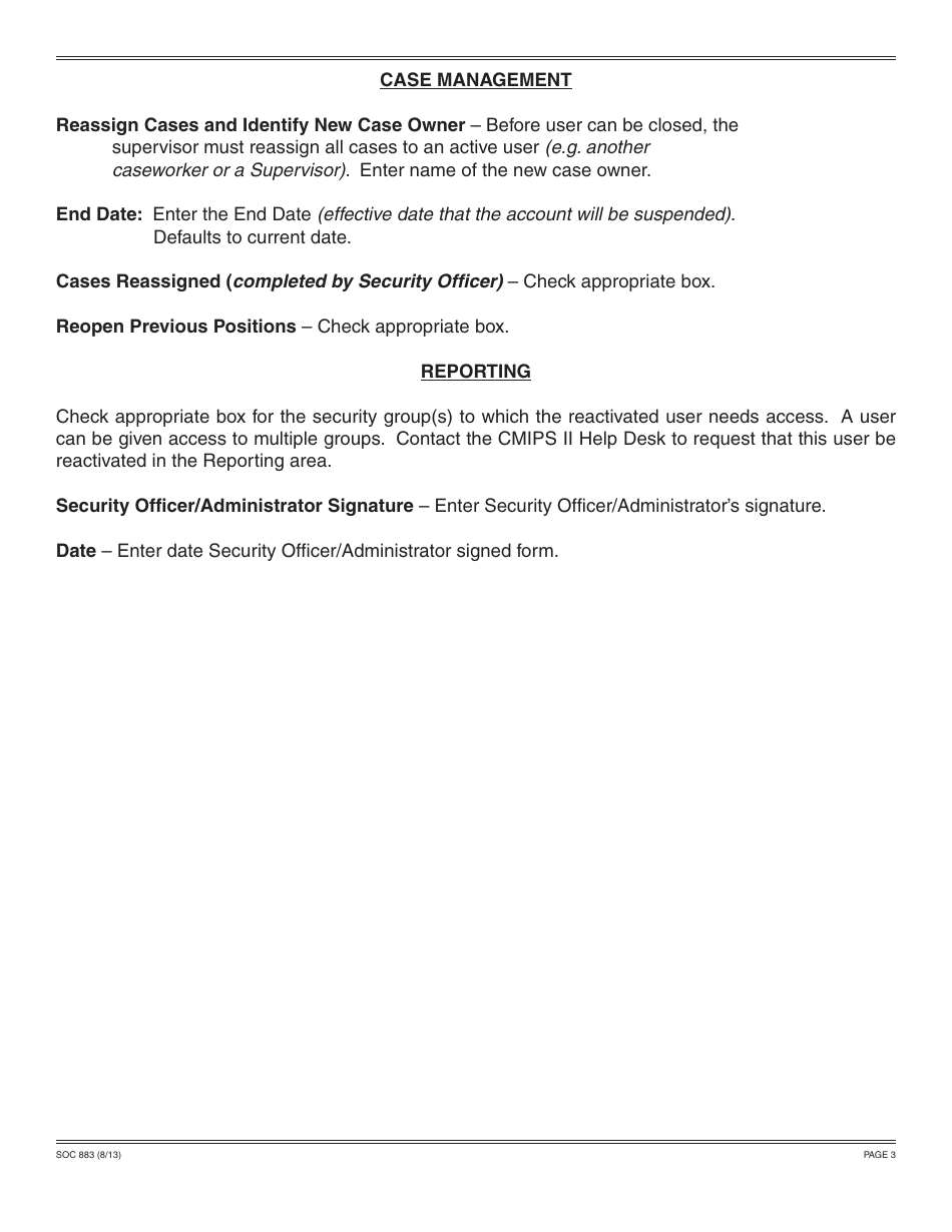 Form SOC883 County Cmips II User Request Form Deactivate / Reactivate User - California, Page 3