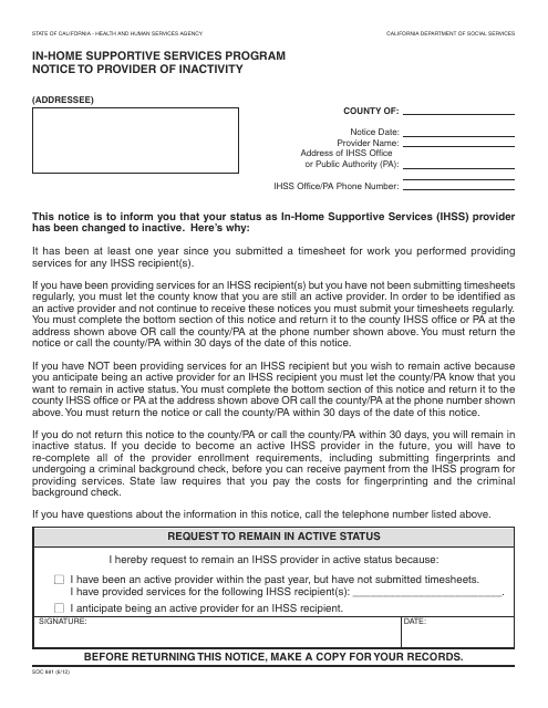 Form SOC881 In-home Supportive Services Program Notice to Provider of Inactivity - California