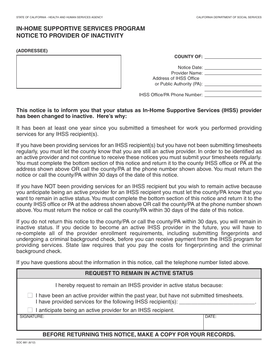 Form SOC881 In-home Supportive Services Program Notice to Provider of Inactivity - California, Page 1